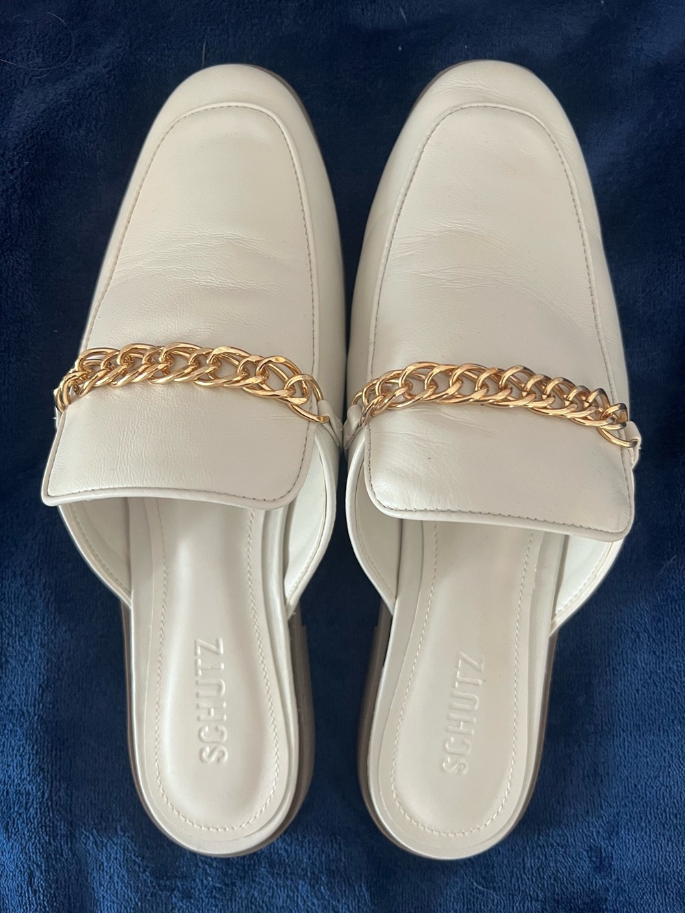SCHUTZ Desmond Loafer - Pearl - Leather Chain-Accent Slip-On Mules